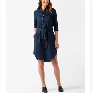 J Cargo crew button down dress navy blue Women 8 size pearl button pockets belt